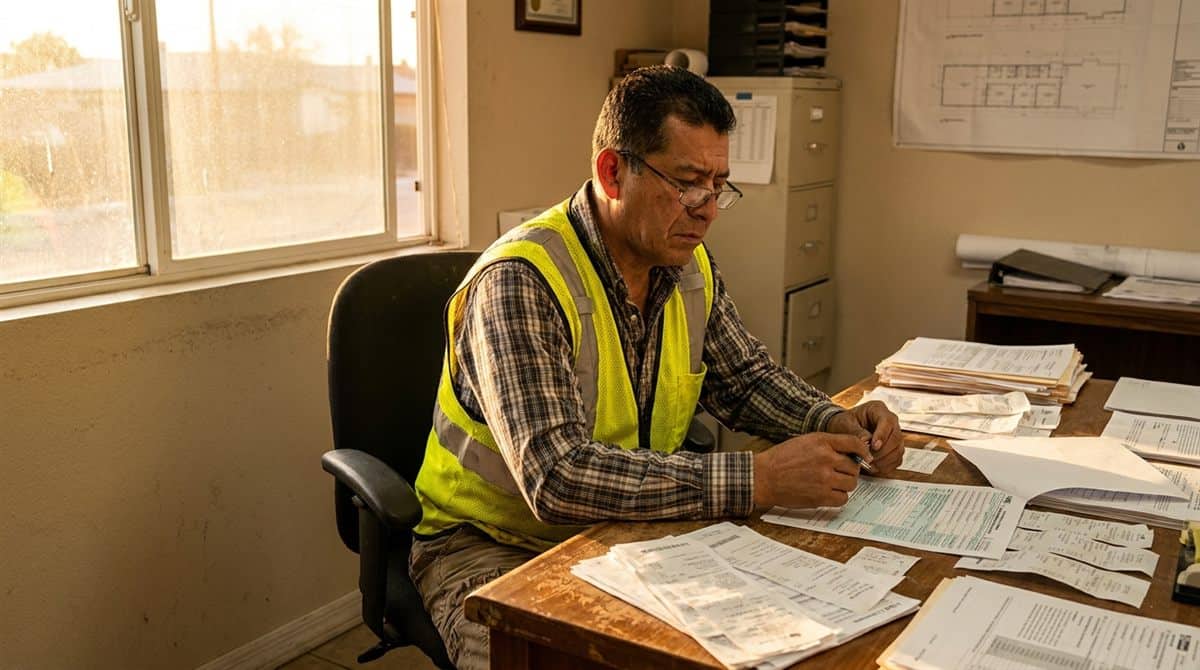 Contratista argentino revisando documentos fiscales provinciales en su oficina al atardecer
