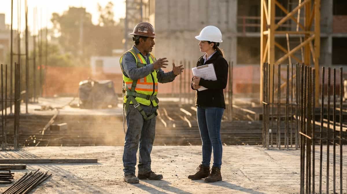 Contratista y inspectora de seguridad revisando cumplimiento en una obra de construccion