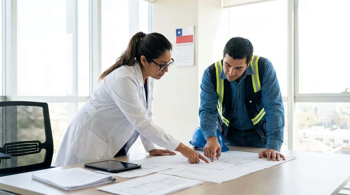 Profesional de salud ocupacional revisando documentos de seguridad laboral con un contratista chileno
