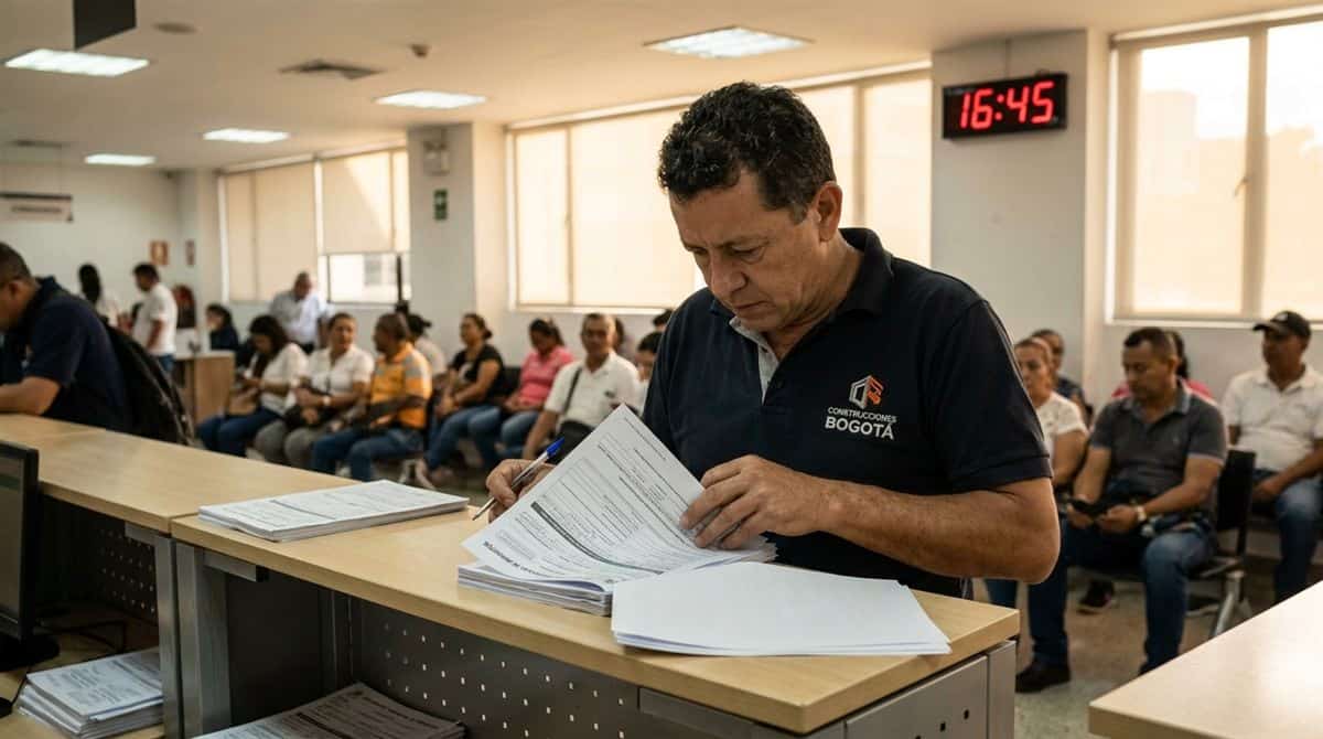 Contratista colombiano llenando formularios de impuesto municipal en una oficina de hacienda