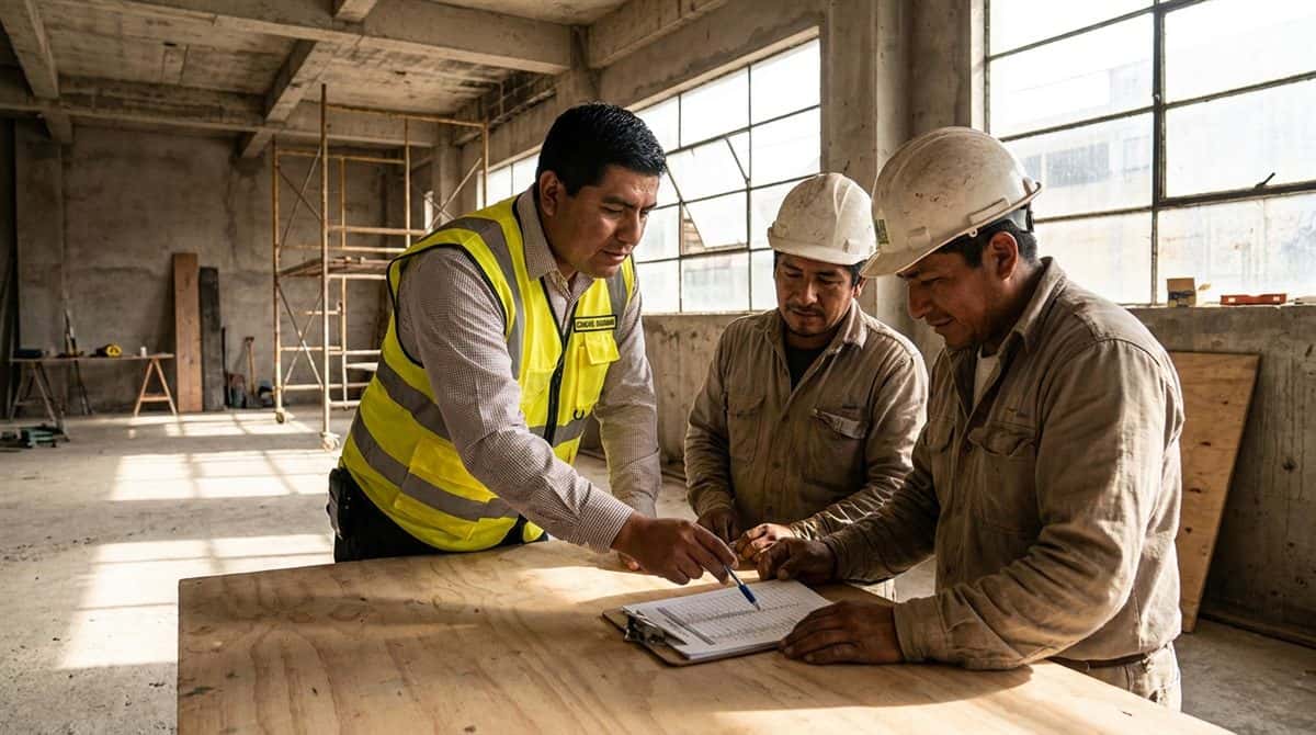 Coordinador de seguridad laboral explicando un checklist de cumplimiento a trabajadores de construccion en Colombia