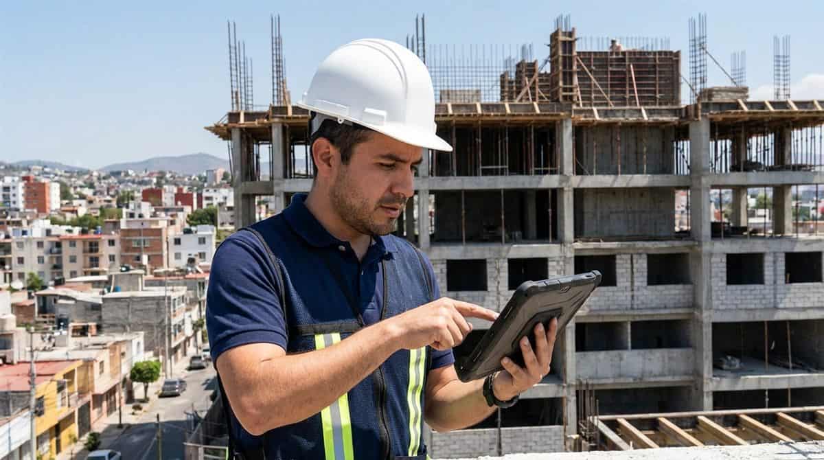 Supervisor de construccion mexicano consultando registros digitales en una obra con tableta