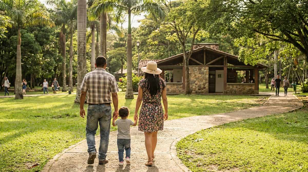 Familia colombiana disfrutando beneficios de caja compensación Colombia en parque recreativo