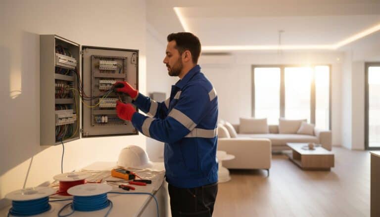 Electricista autorizado trabajando en cuadro eléctrico residencial con certificado instalador autorizado España