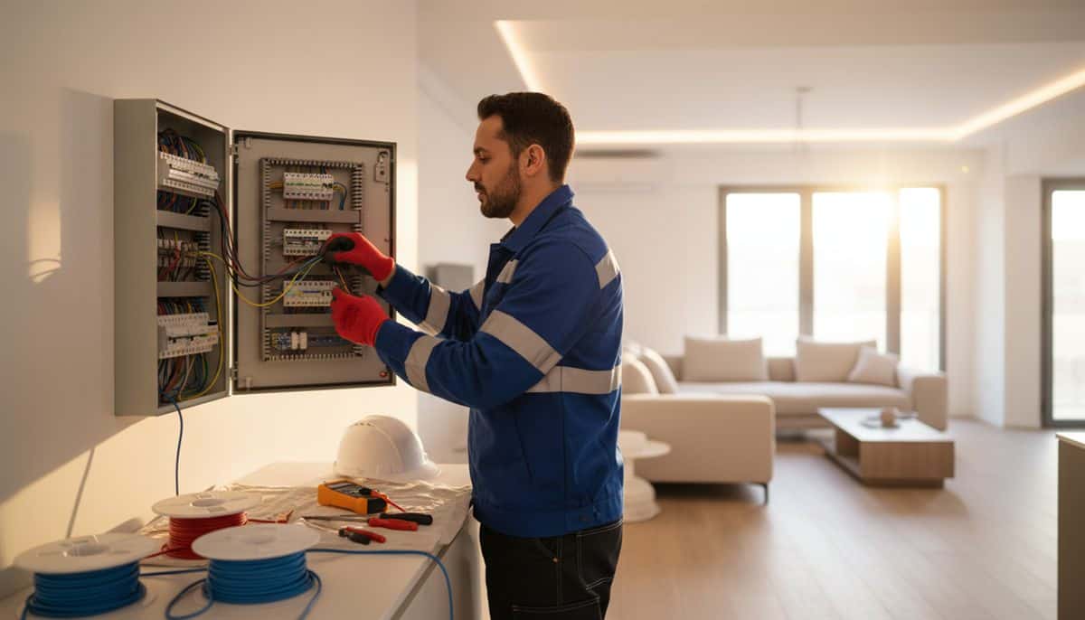 Electricista autorizado trabajando en cuadro eléctrico residencial con certificado instalador autorizado España