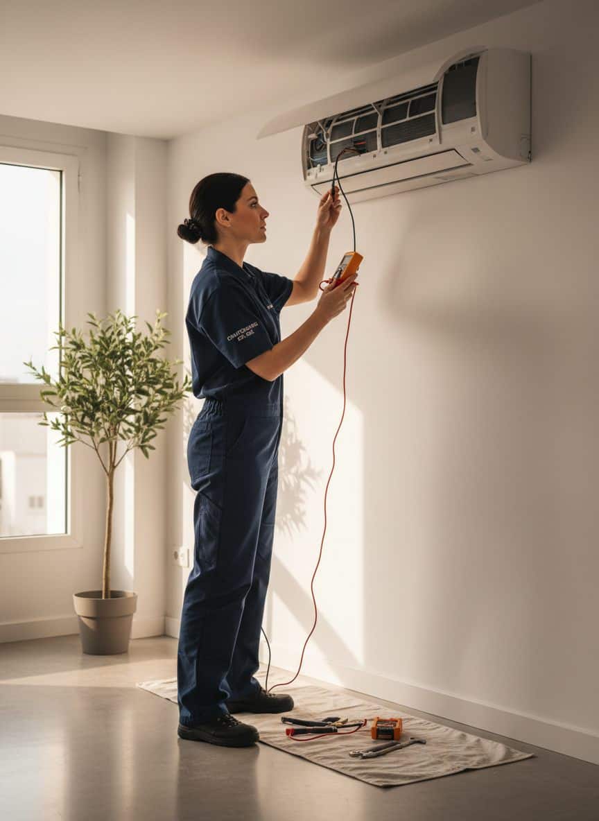 Técnica RITE inspeccionando unidad de climatización como instaladora autorizada en España