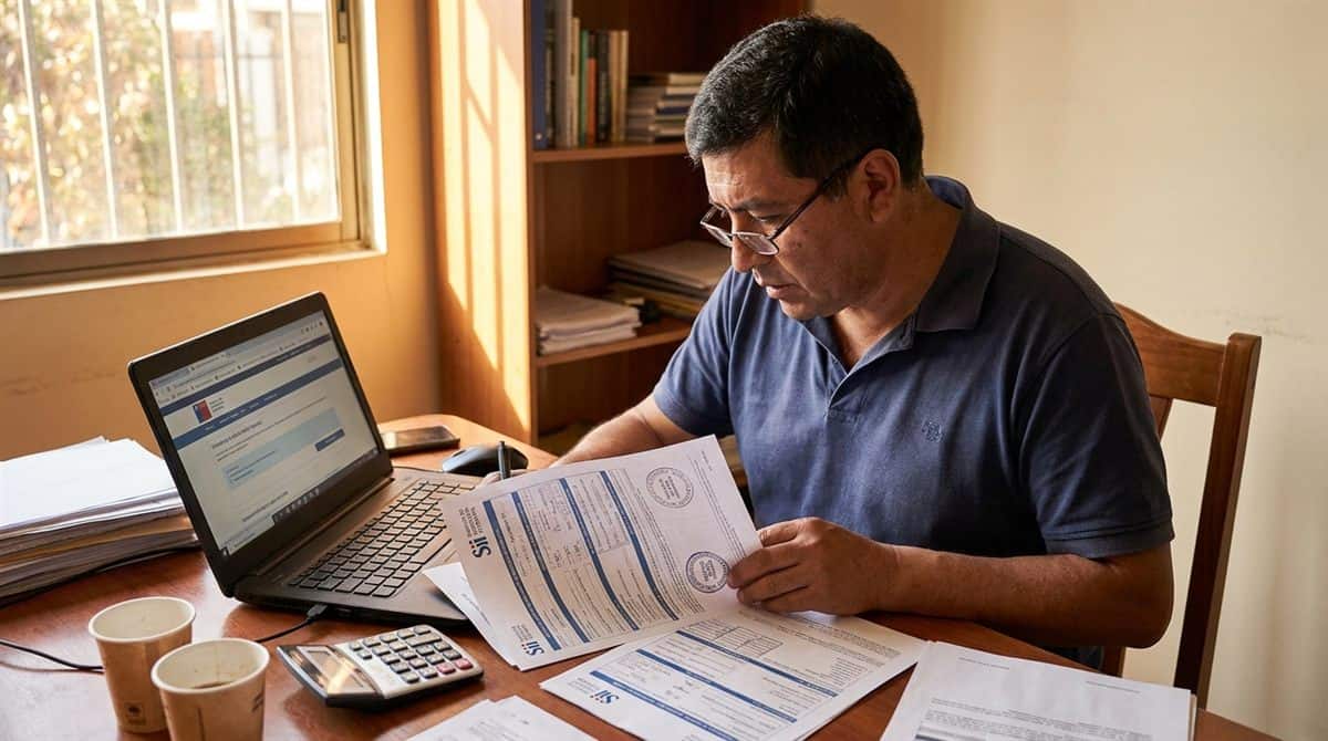 Contratista chileno revisando documentos tributarios y portal del SII en su escritorio de trabajo