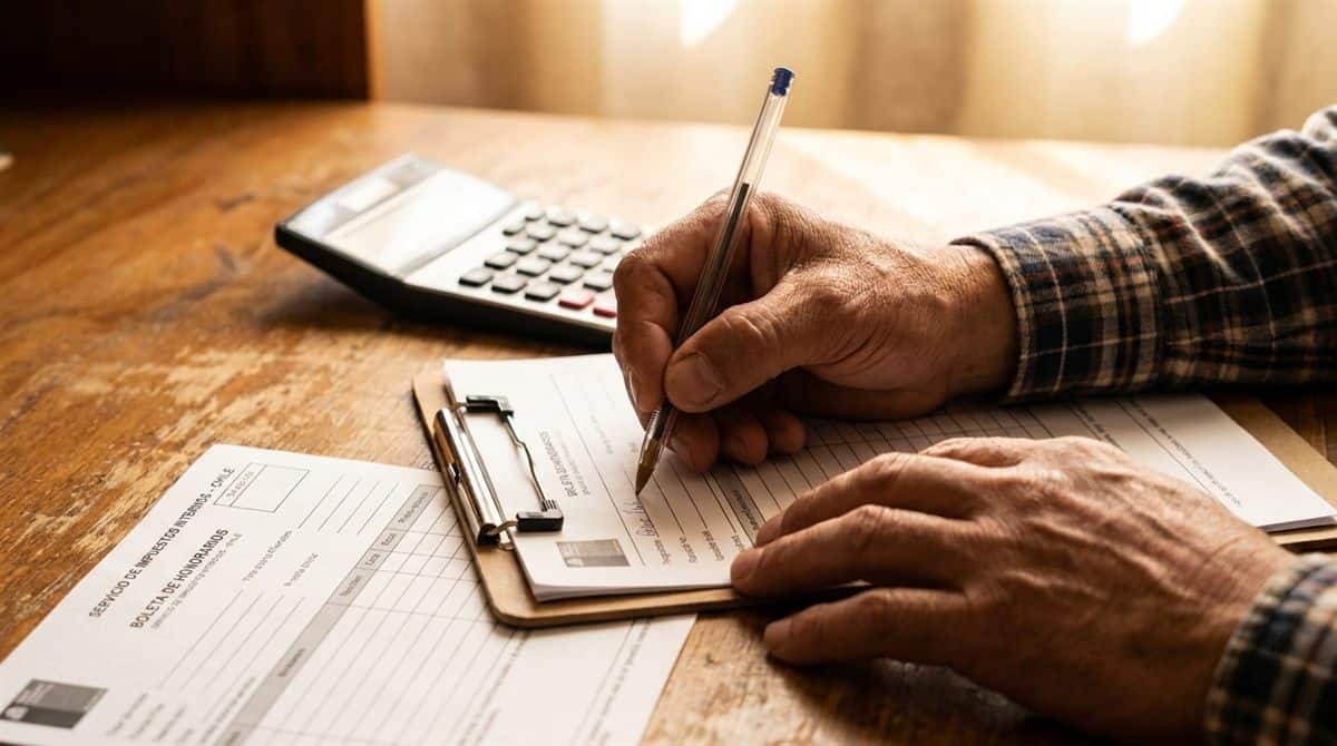 Contratista chileno calculando retenciones y cotizaciones sobre documentos tributarios en escritorio de trabajo