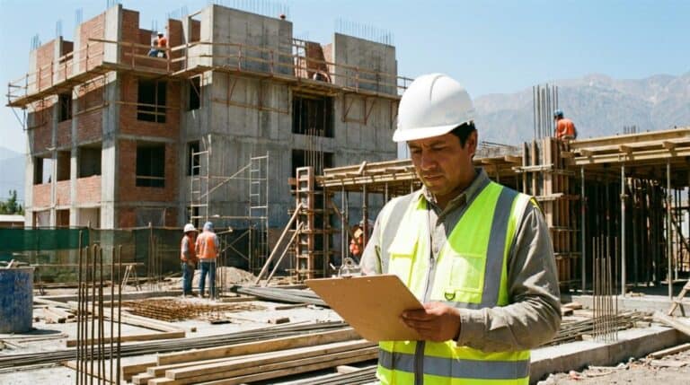 Contratista chileno con casco y chaleco revisando documentación en obra de construcción