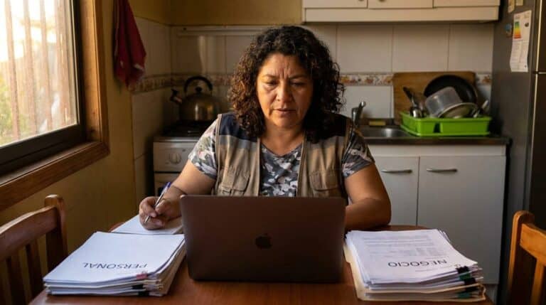 Contratista chilena organizando finanzas personales y del negocio en laptop y documentos separados