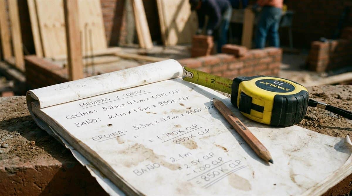 Libreta de contratista con medidas de habitaciones y cálculos de costos en pesos chilenos