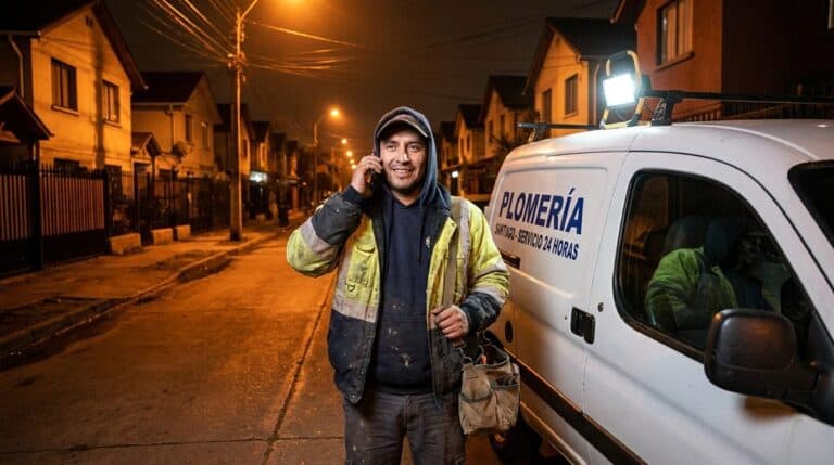 Gasfíter chileno atendiendo llamada de urgencia nocturna junto a su furgón de servicio