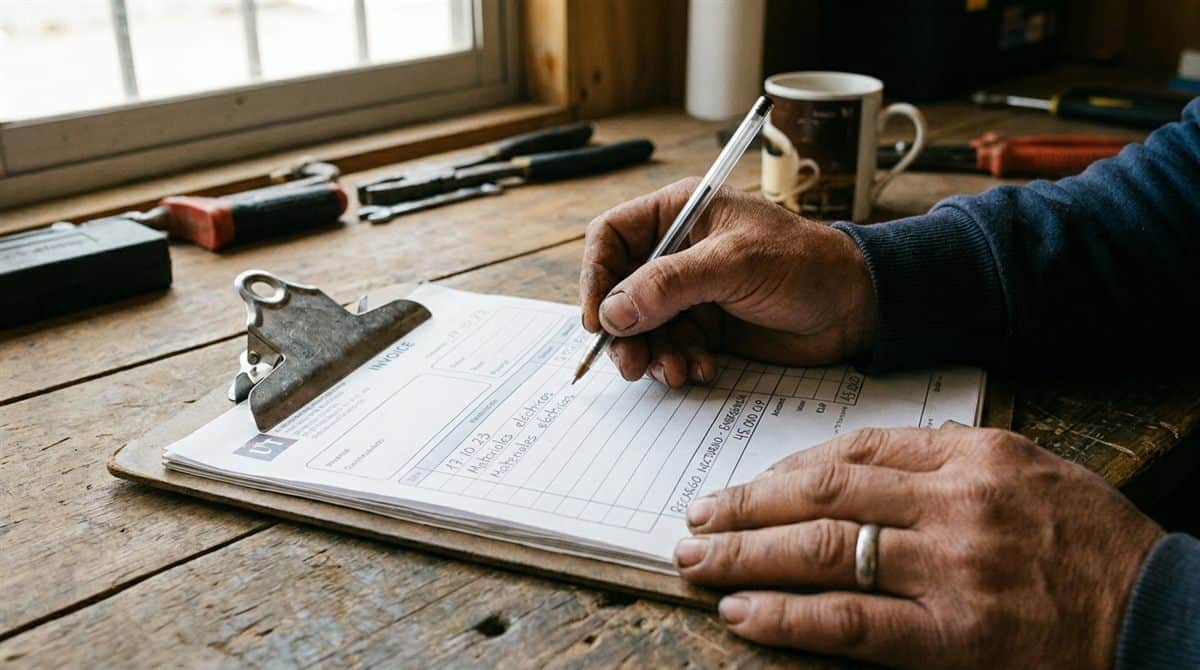 Manos de contratista chileno escribiendo presupuesto con línea de recargo por servicio de urgencia