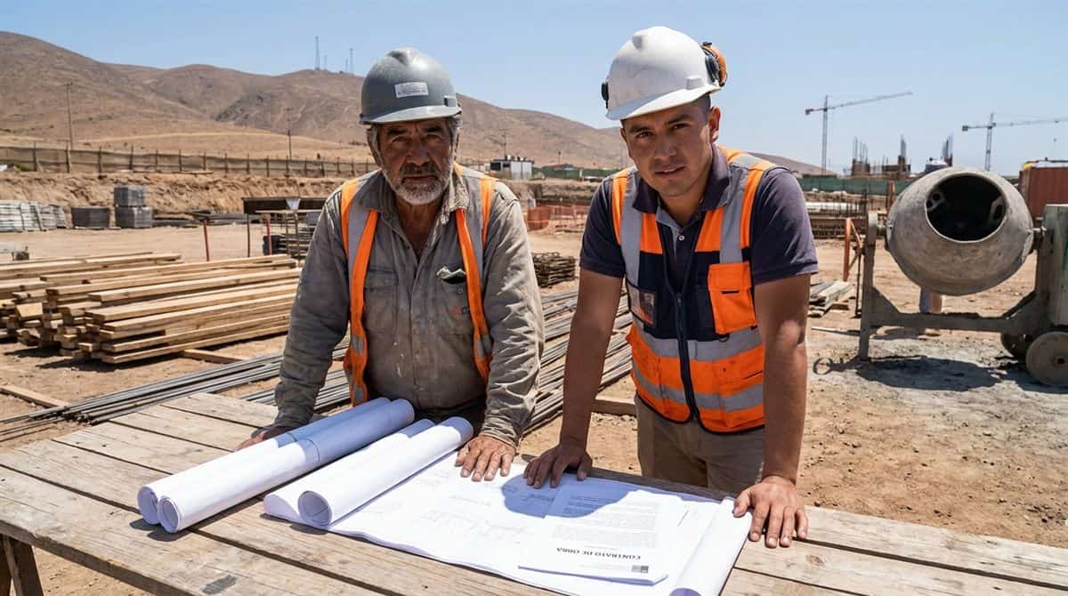 Dos contratistas chilenos revisando contrato de obra en mesa de trabajo en sitio de construcción