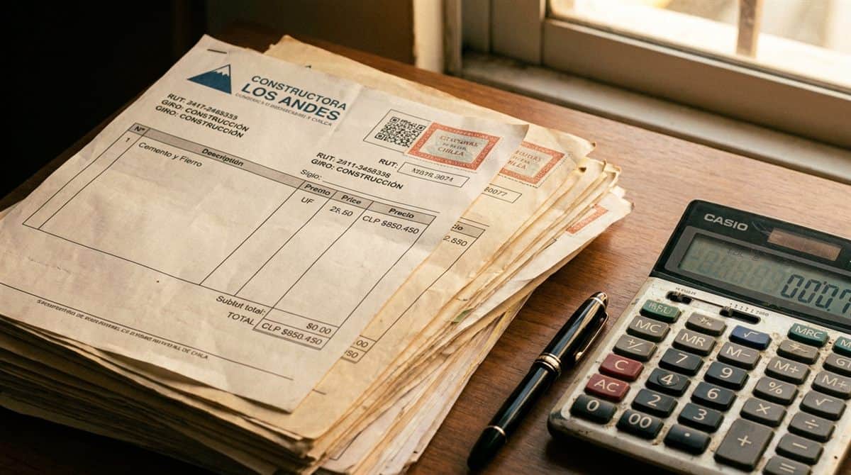 Facturas de materiales de construcción con precios en UF y pesos chilenos sobre escritorio