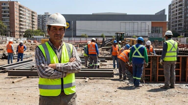 Contratista principal chileno con casco y chaleco frente a equipo de subcontratistas en obra comercial