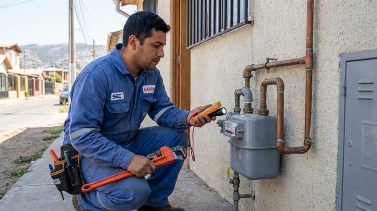 Técnico instalador de gas chileno inspeccionando medidor de gas en exterior de vivienda