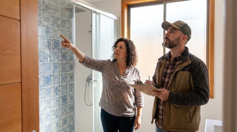 Propietaria chilena y contratista revisando terminaciones de trabajo de remodelación en baño