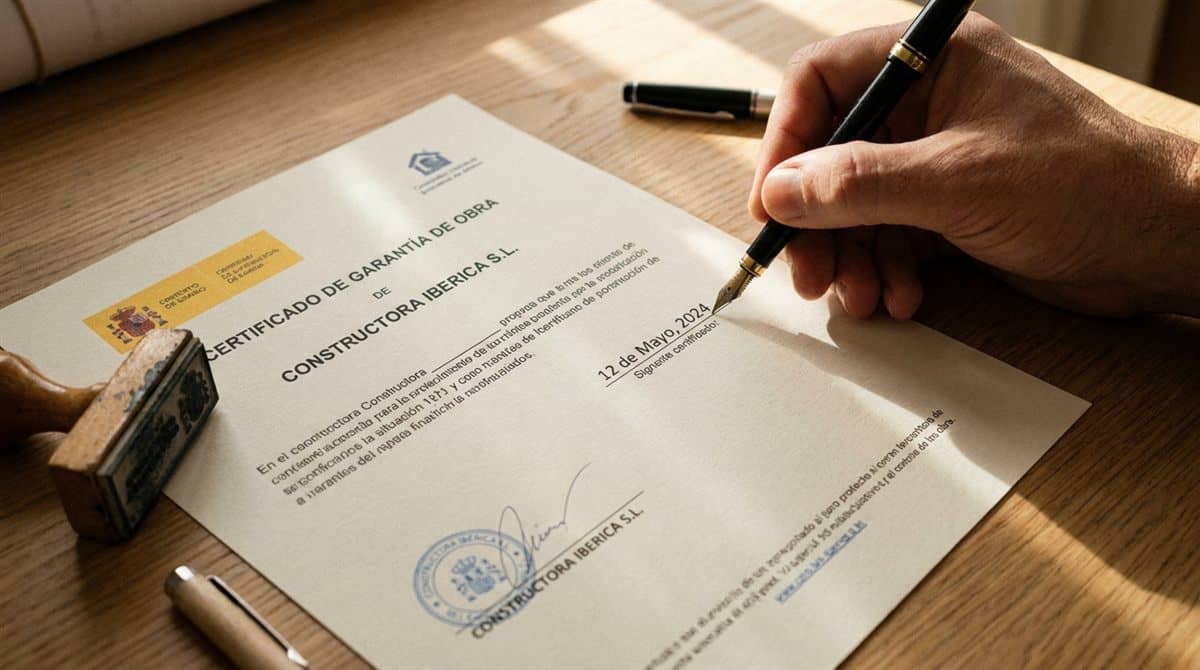 Contratista firmando certificado de garantía de obra sobre escritorio con sello y documentos