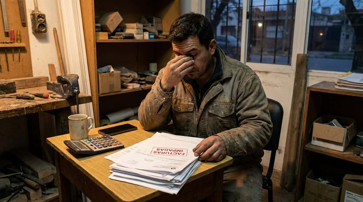 Contratista argentino revisando facturas impagas y calculadora en su taller al final del dia