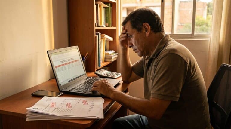 Contratista colombiano revisando facturas pendientes de cobro cartera Colombia en su oficina