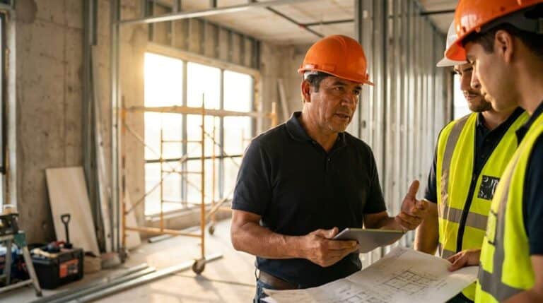 Contratista general latinoamericano coordinando con equipo de trabajo en obra de construccion comercial