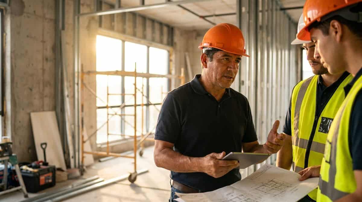 Contratista general latinoamericano coordinando con equipo de trabajo en obra de construccion comercial