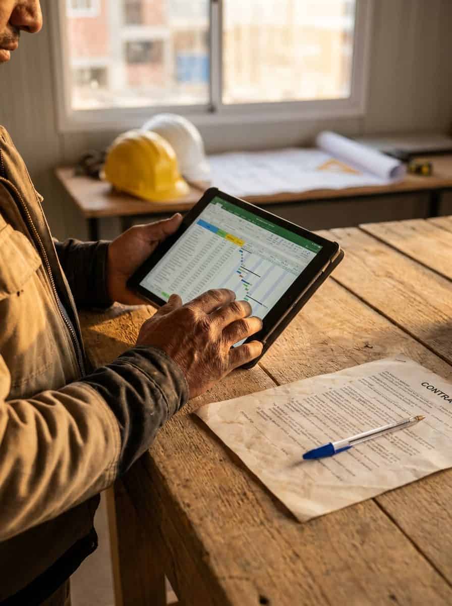 Manos de contratista general revisando cronograma en tablet con contrato sobre mesa de trabajo en obra