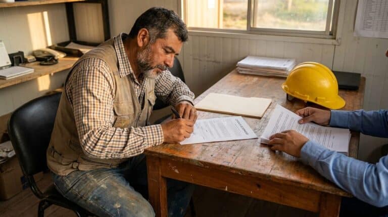 Contratista colombiano firmando contrato servicios Colombia en mesa de trabajo