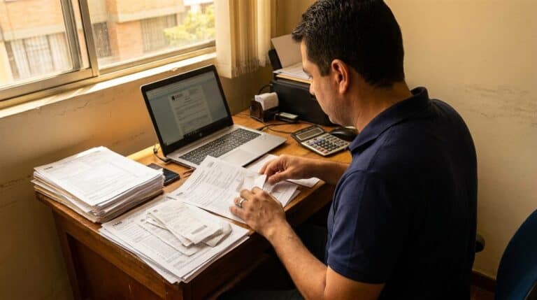 Contratista colombiano revisando documentos de declaración renta Colombia en su escritorio