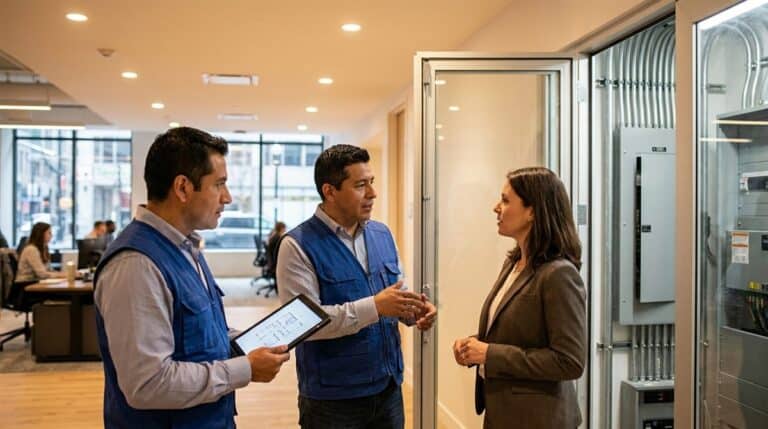 Electricista presentando propuesta de proyecto electrico a administradora de edificio comercial