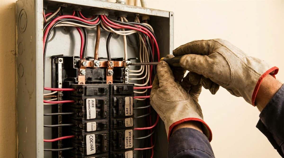 Electricista ajustando conexiones en panel eléctrico residencial terminado