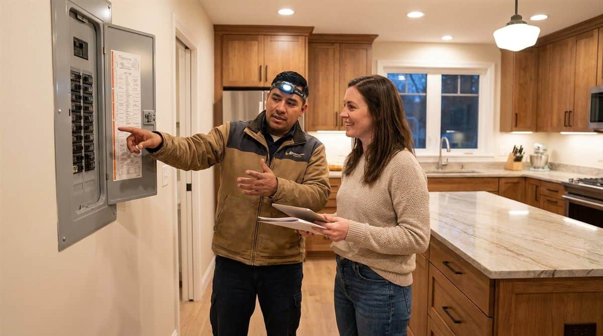 Electricista explicando panel eléctrico terminado a propietaria de vivienda