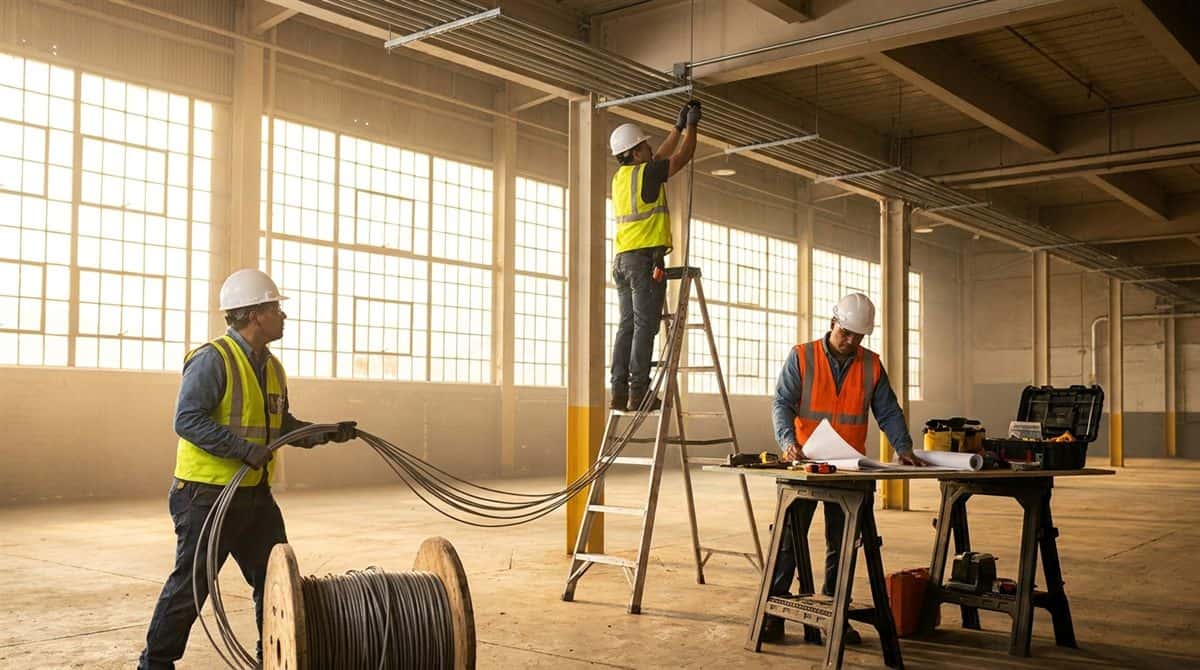 Cuadrilla de tres electricistas trabajando en instalacion electrica comercial
