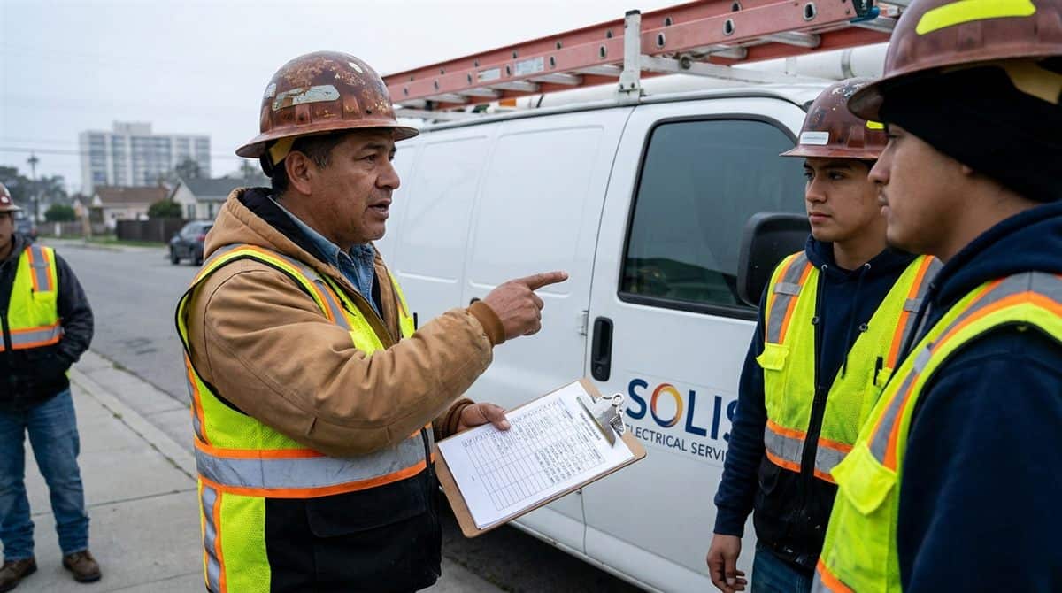 Electricista jefe dando instrucciones a cuadrilla antes de iniciar obra