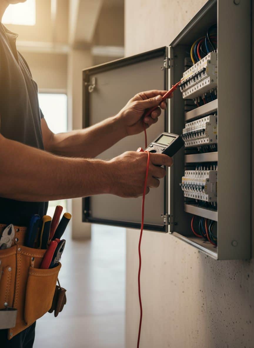 Electricista latinoamericano trabajando en un tablero eléctrico comercial con multímetro y herramientas profesionales