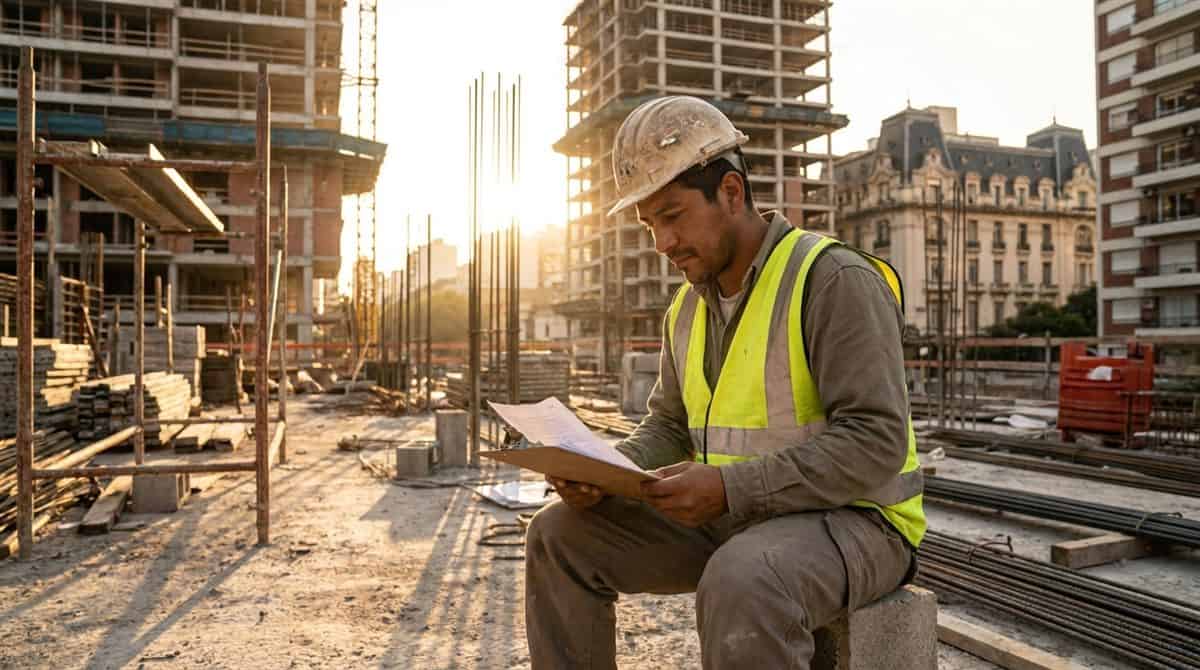 Trabajador de construcción argentino revisando documentación de seguro contratistas Argentina en una obra