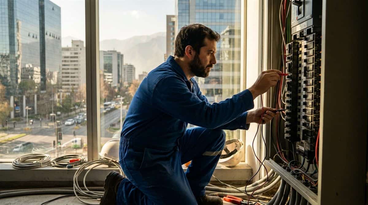 Electricista chileno midiendo voltaje en un tablero eléctrico con licencia SEC eléctrica vigente