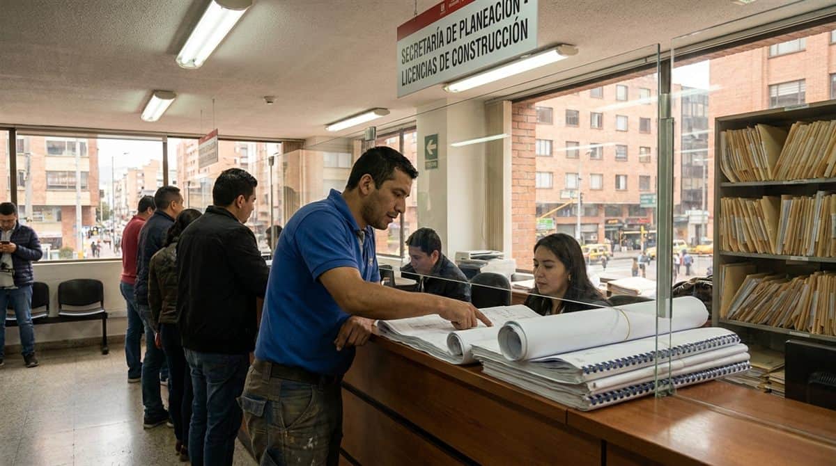 Contratista colombiano revisando documentos de licencias construcción Colombia en una oficina municipal