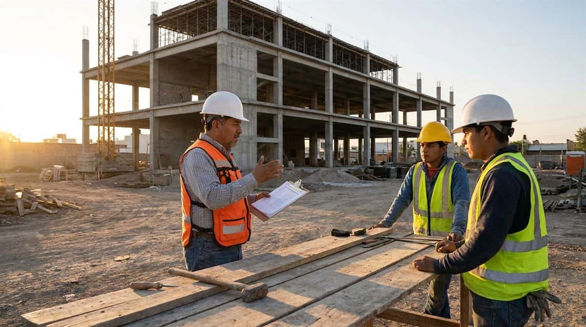 Contratista mexicano dando indicaciones a trabajadores sobre IMSS obligaciones patronales en una obra de construcción