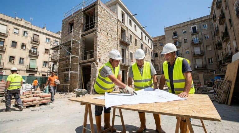 Trabajadores en una obra de construccion en Espana con equipos de proteccion individual