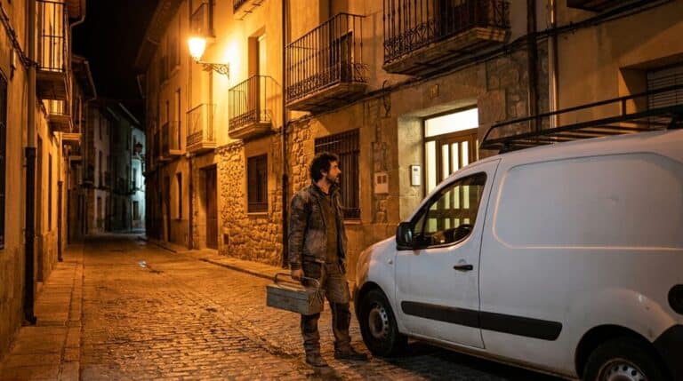 Fontanero autonomo espanol atendiendo una urgencia nocturna en una vivienda