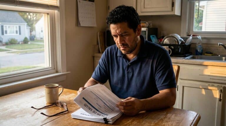 Contratista chileno revisando documentos de salud en su cocina