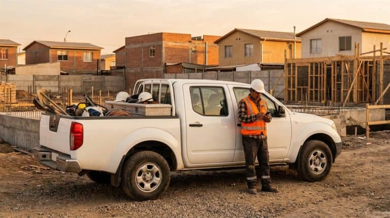 Contratista chileno junto a su camioneta de trabajo en obra de construcción
