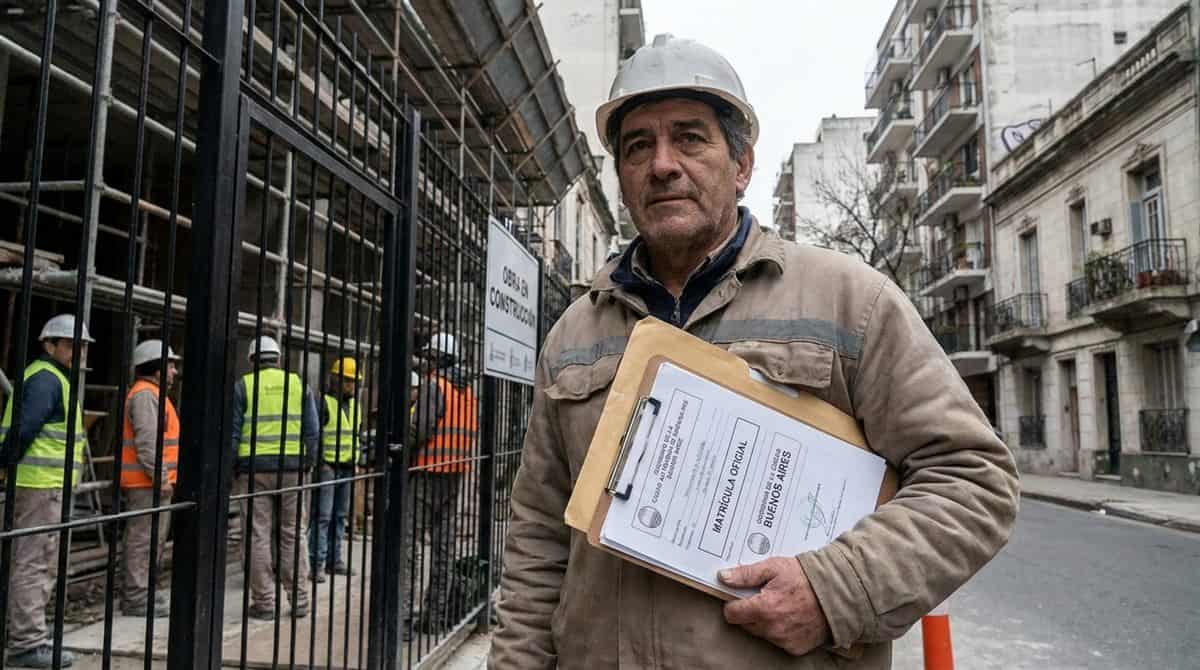 Capataz de construccion con documentos de registro IERIC en obra argentina