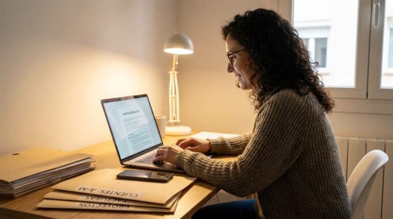 Autónoma revisando política de privacidad RGPD en portátil en su oficina