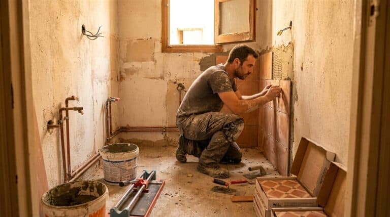 Autónomo alicatando baño durante reforma integral en España