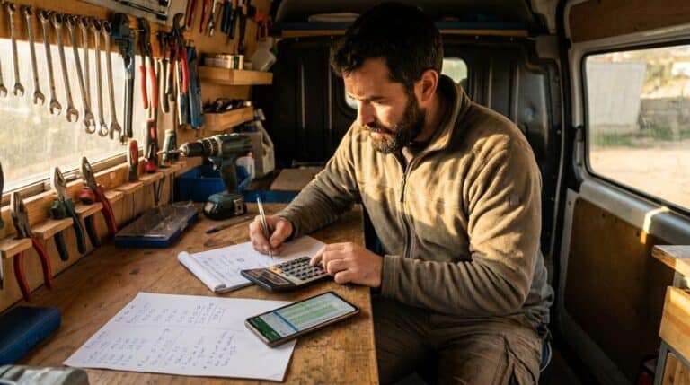 Autónomo calculando presupuesto con calculadora y libreta en furgoneta de trabajo