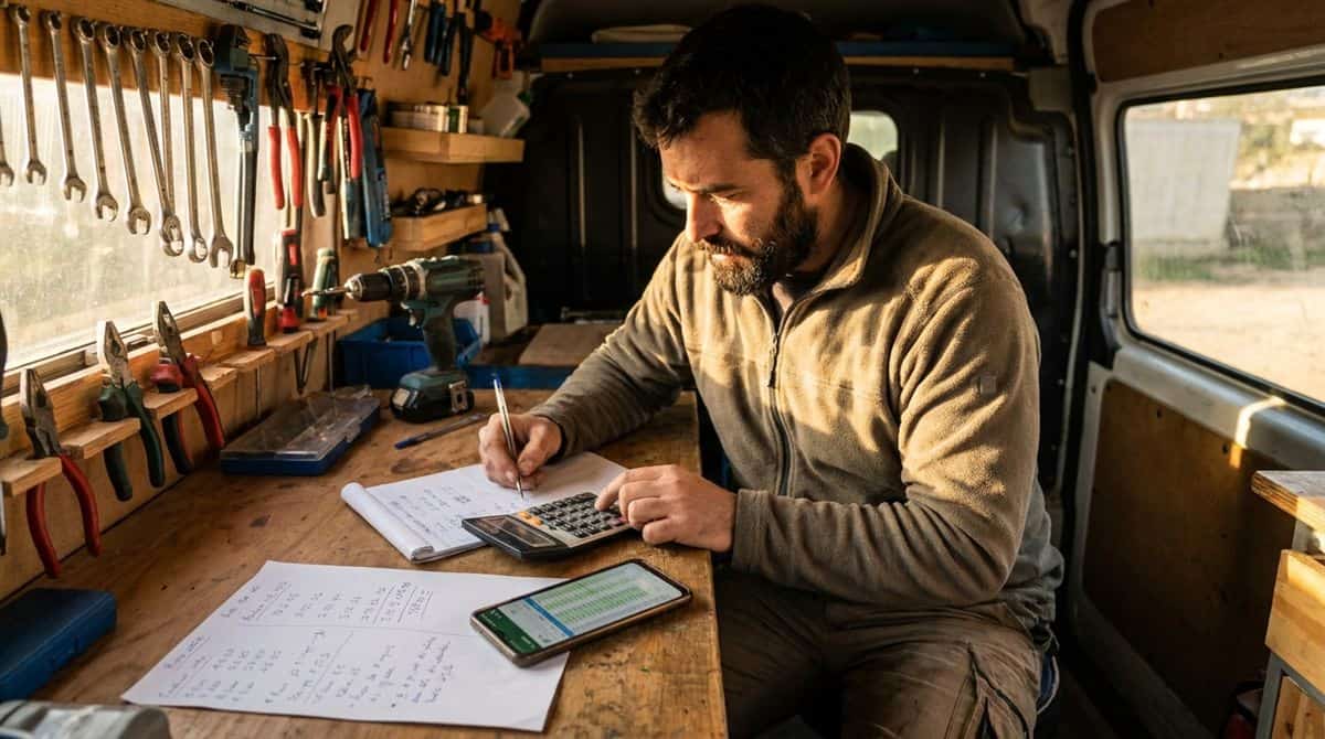 Autónomo calculando presupuesto con calculadora y libreta en furgoneta de trabajo