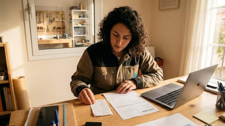 Autónoma comparando factura simplificada y factura completa en su oficina